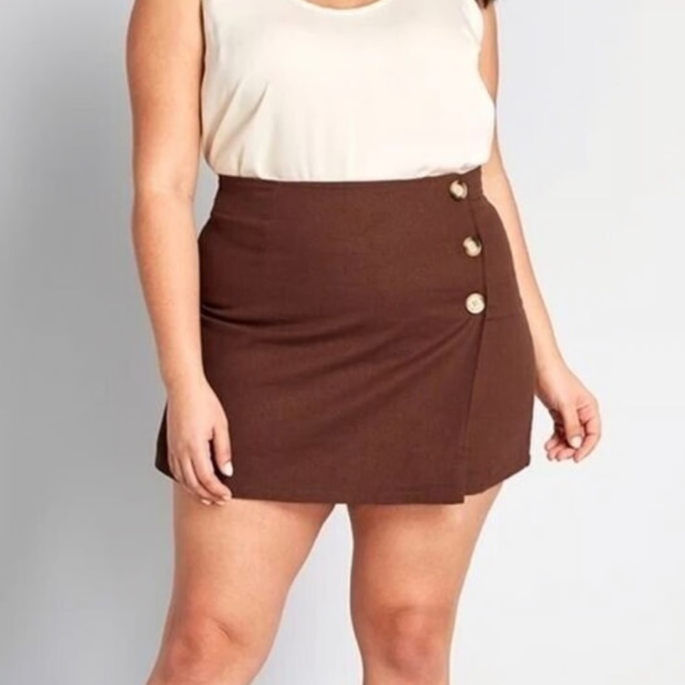 NWT-Modcloth-26-Brown-linen blend-sunny attitude A-line Faux Wrap Mini Skirt.
